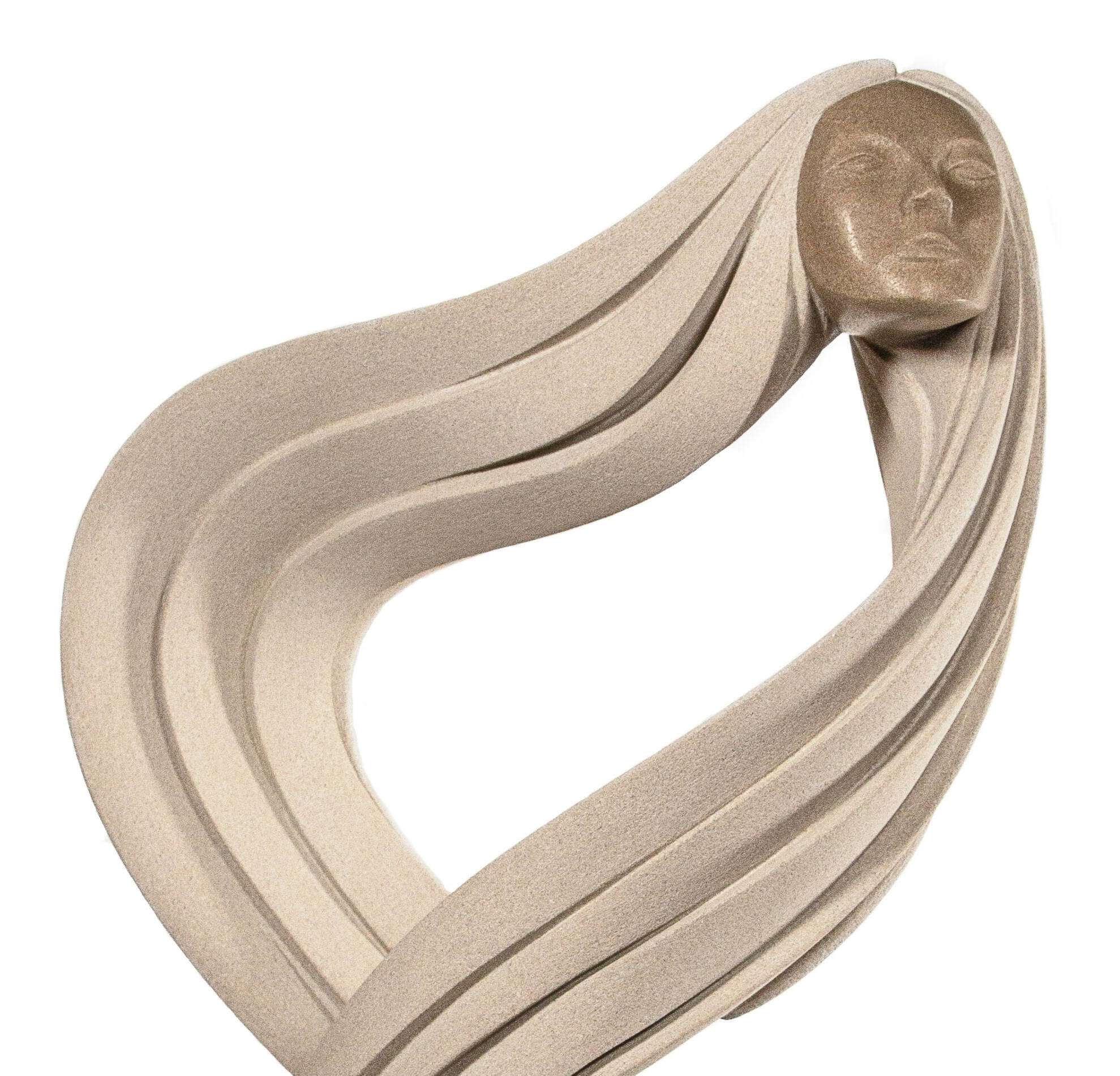 Curved limestone sculpture that includes the face of a woman.